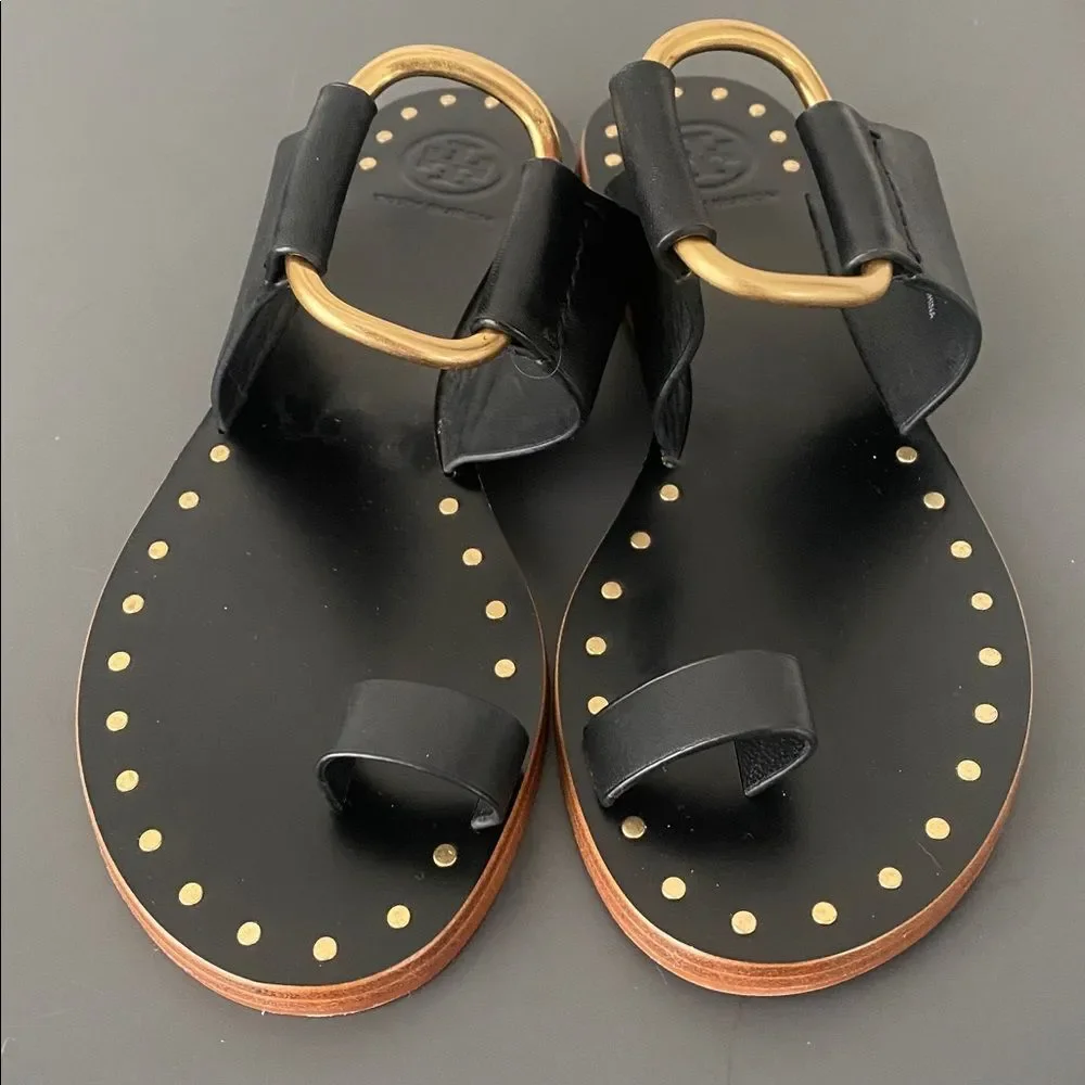 Tory Burch Black Leather Toe-Ring Slide Sandals Gold Hardware Sz 5.5 Chic NWOB
